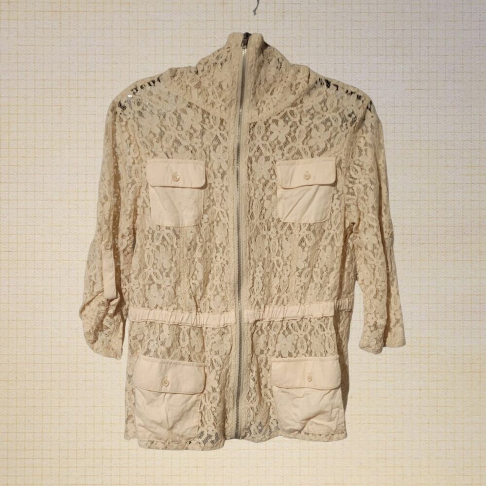 Contemporary monoreno Lace Cargo Zip-Up Cardigan Beige High Neck Large Cotton